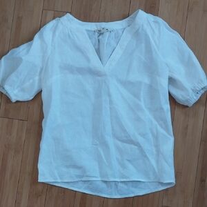 Boden White V-Neck Puff Sleeve Linen Blouse